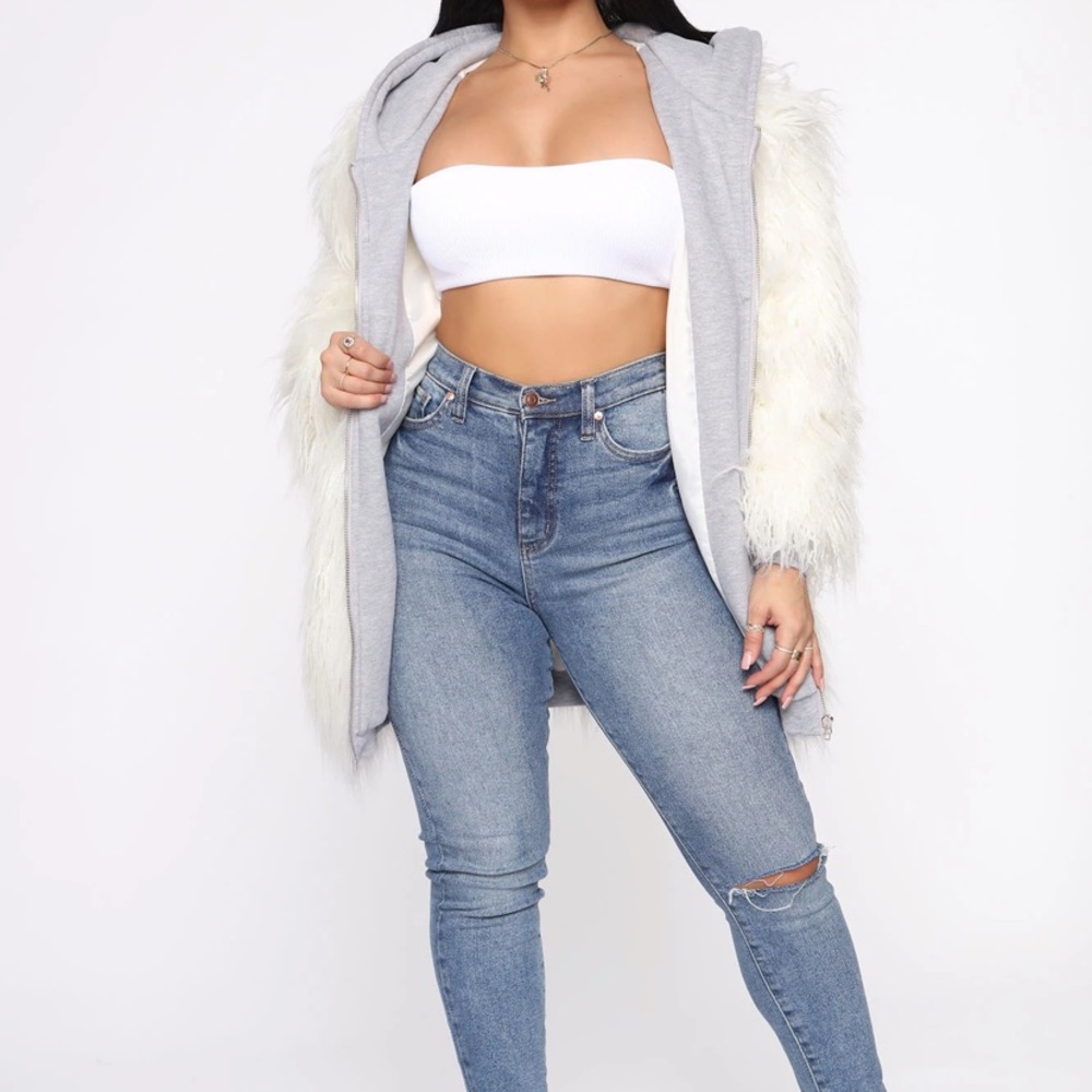 Long white faux fur coat with grey trimming and hood